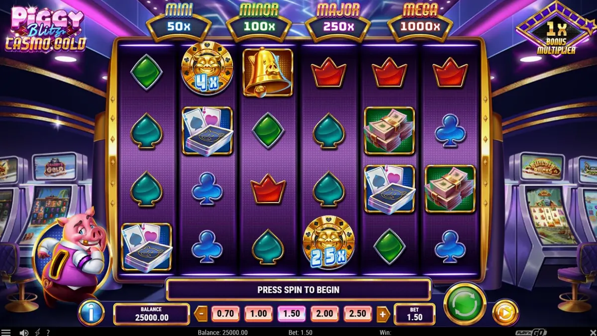 Ang neon-lit na disenyo ng Piggy Blitz Casino Gold slot machine